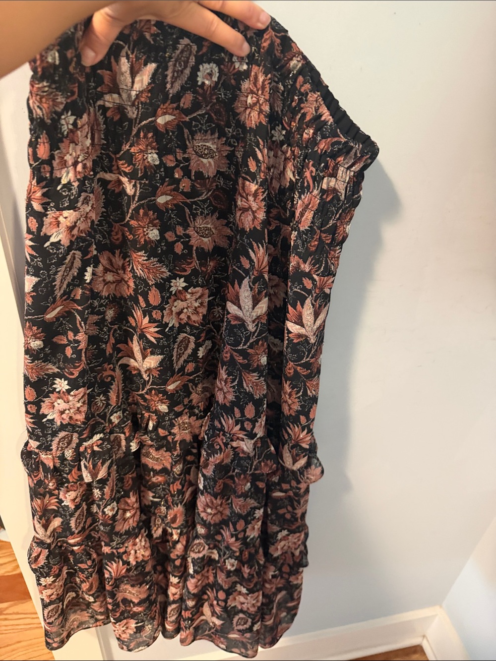 Madewell Black Floral Tiered Maxi Skirt with Pink and Brown Accents
